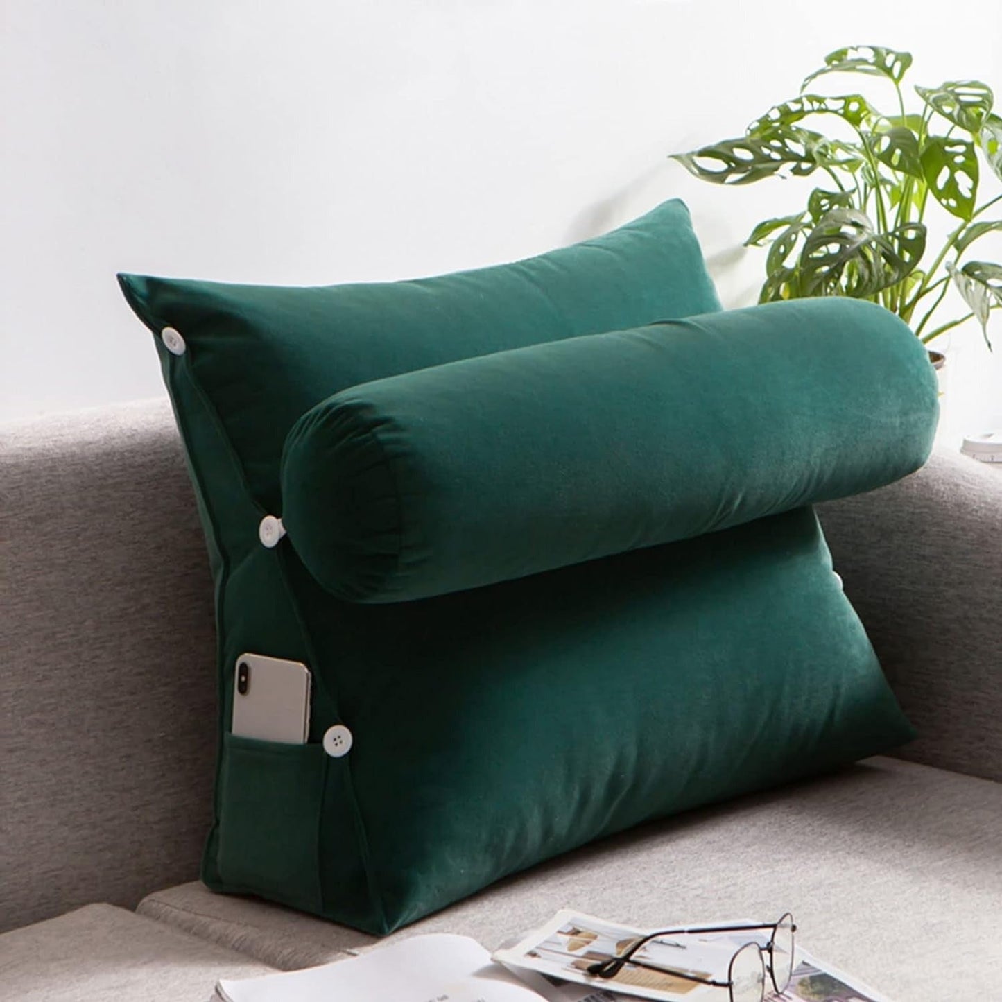 Velvet Triangular Back Rest Pillow / Back Wedge Cushion (Zinc)