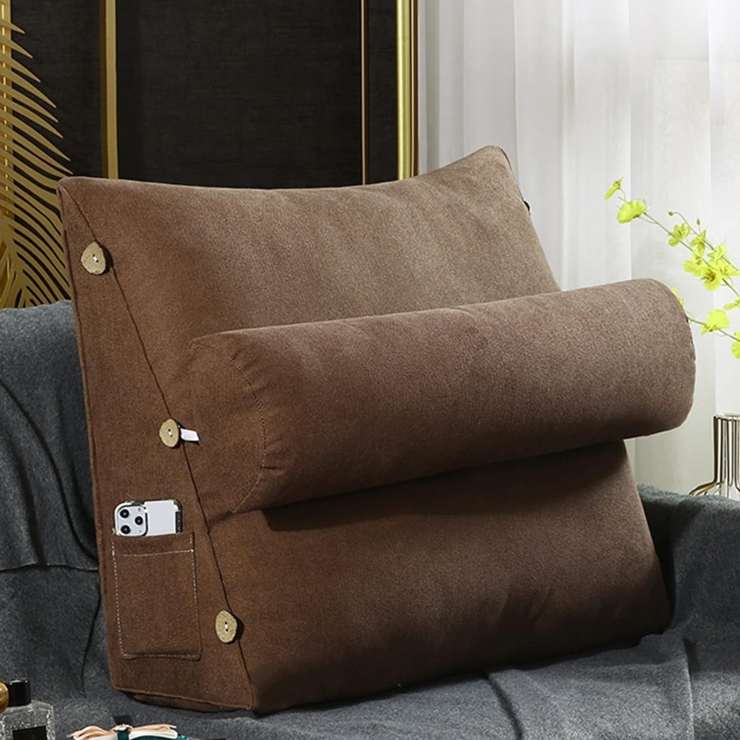Velvet Triangular Back Rest Pillow / Back Wedge Cushion (Coffee)