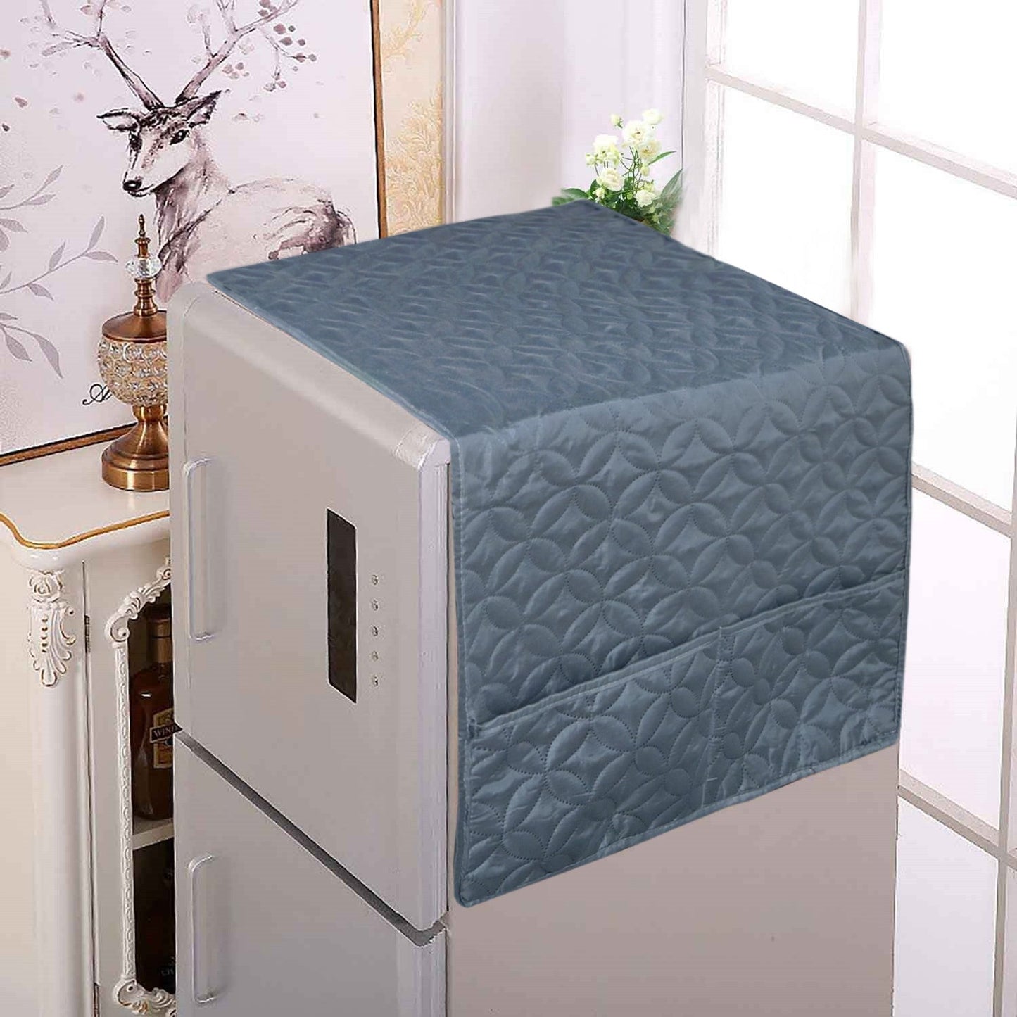 Dustproof Microfiber Quilted Refrigerator Cover With Side Pockets